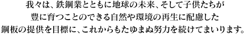 我々は、鉄鋼業とともに地球の未来、そして子供たちが豊に育つことのできる自然や環境の再生に配慮した鋼鈑の提供を目標に、これからもたゆまぬ努力を続けてまいります。